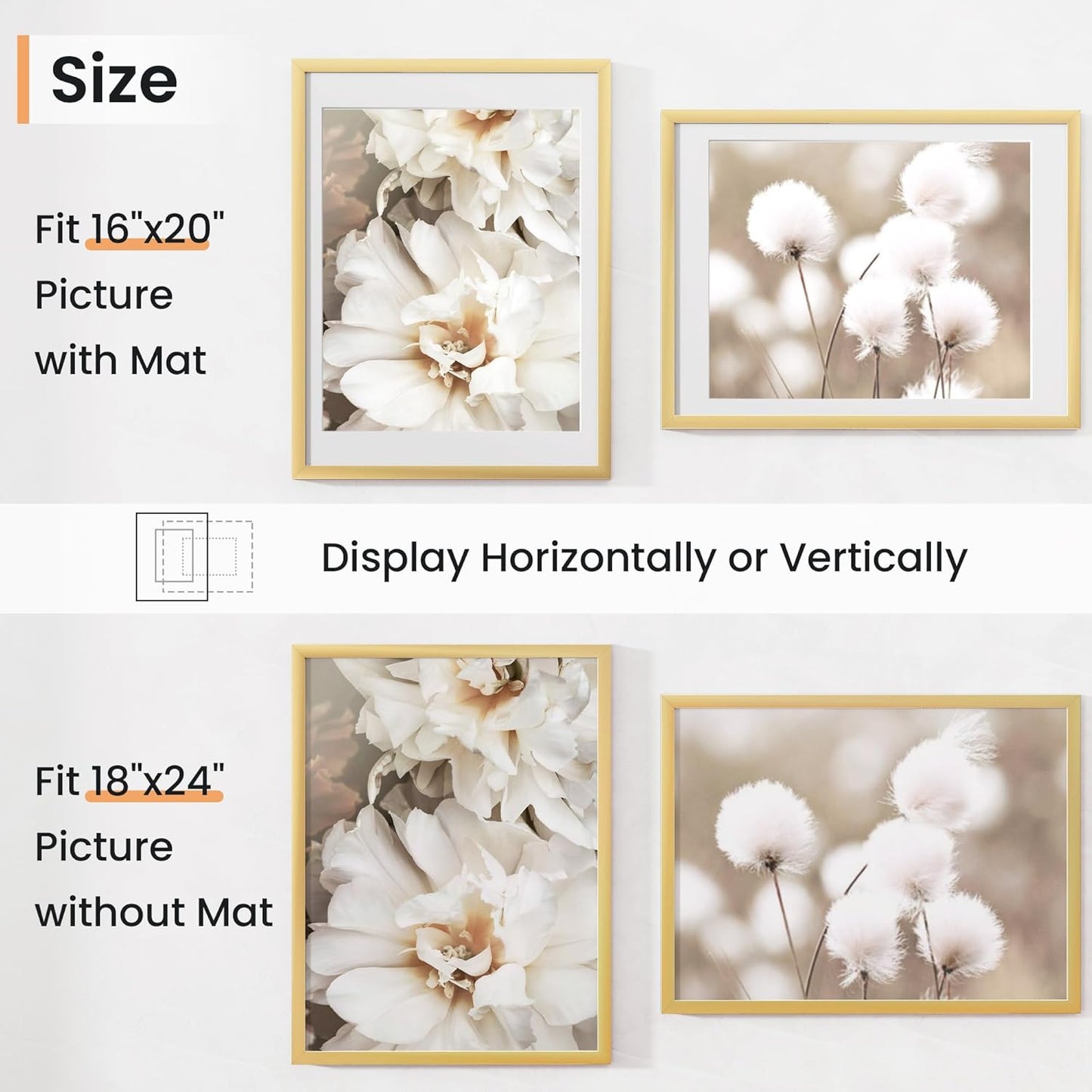 18x24 inch Picture Frame, 18x24 Photo Frames with 16x20 Removable Mat - High Definition Plexiglass - Vertical and Horizontal Display - Wall Hanging Poster Frame - Gold, 3 Pack