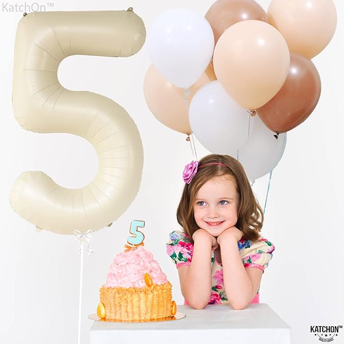 KatchOn, Gaint Cream White 5 Balloon Number - 40 Inch | 5 Birthday Balloon Decor | 5th Birthday Decorations for Boys | Creme Number 5 Balloon | 5 Year Old Balloon for 5th Anniversary Party Supplies