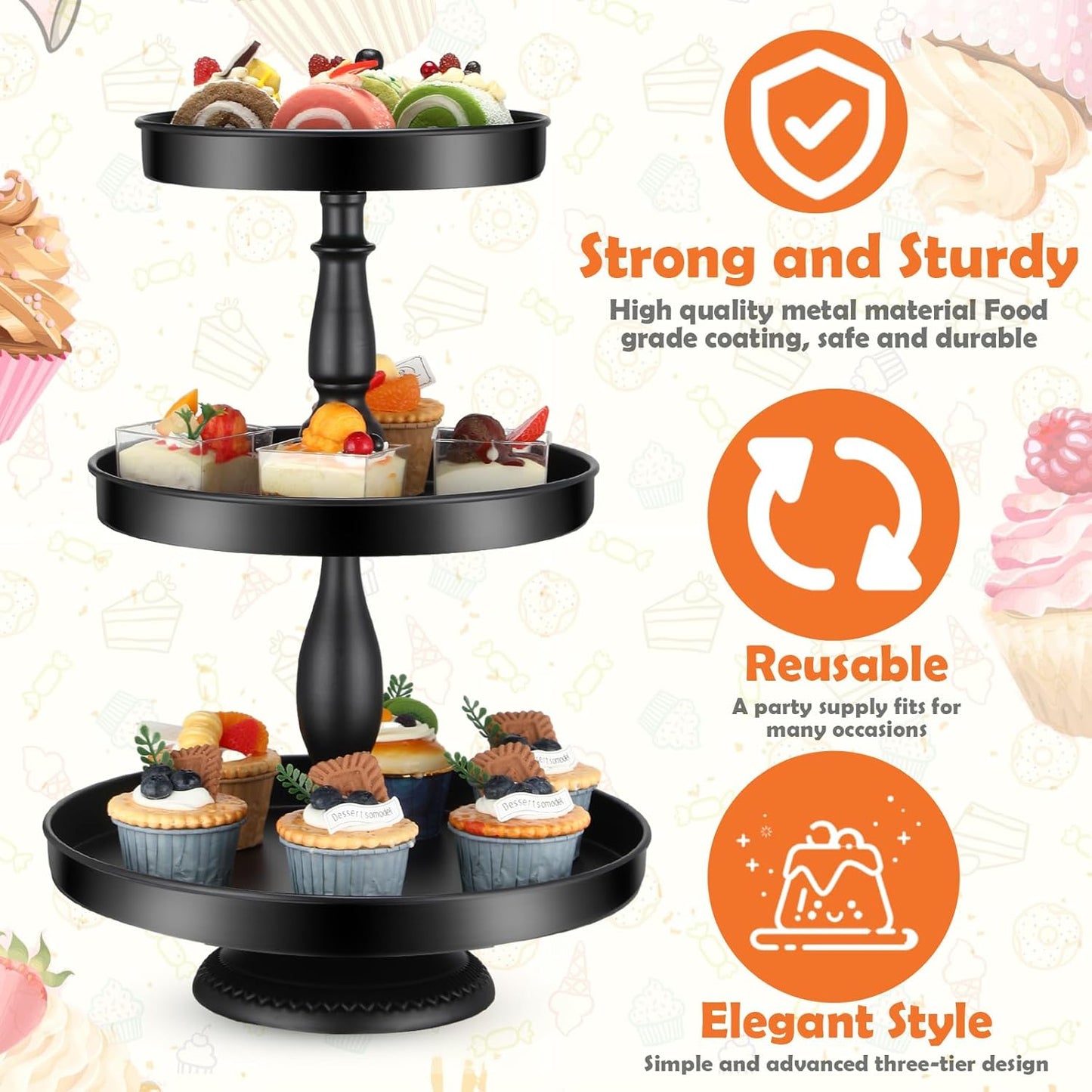 Maxdot 2 Pcs 3 Tier Cupcake Stand Holder, Round Cupcake Stand Serving Tray, Metal Tiered Tray Pastry Dessert Cake Tower Display Stand for Baby Shower Tea Party, Wedding and Birthday (Black)