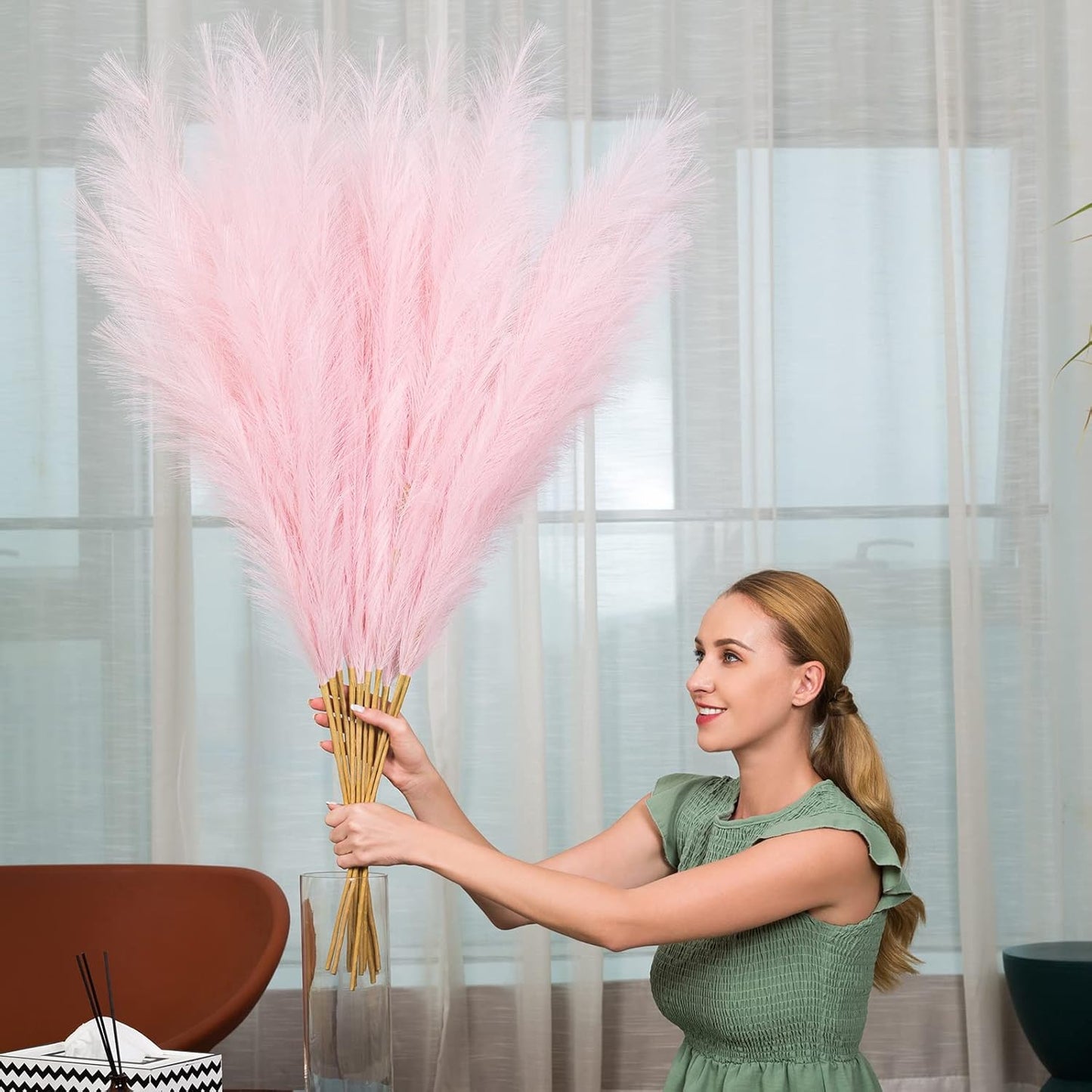 EVODIS Faux Pampas Grass 6 Stems, Artificial Pampas Grass - 43 inch Total Extra Large Pompass Grass Tall Pompous Boho Flower Arrangement and Floor Vase Filler Home Decor for Room Wedding Party