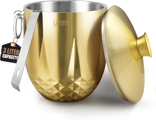 Ice Buckets for Parties with Lid,Tongs and Strainer (3L/Gold) Double Wall Stainless Steel Ice Bucket Keeps Frozen Longer,Ideal Perfect for Parties, Cocktail bar, Chilling Wine, Champagne