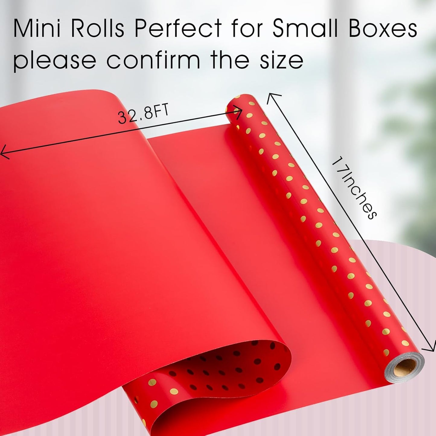 Flyhill Gold Foil Polka Dot Wrapping Paper Roll,Mini Roll Red Reversibl Gift Wrap for Birthday,Girls,Baby Shower,Wedding (17 Inch X 32.8 Feet)
