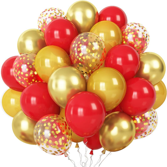 60 Pieces Balloons Red and Gold, 12 Inch Ruby Red Metallic Chrome Gold Pearl Gold Confetti Latex Balloons, Retro Red Gold Party Balloons for Wedding Graduation Birthday Bridal Baby Shower Decoration