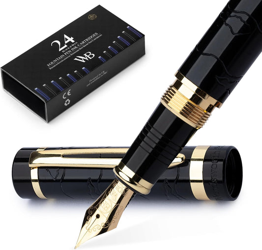 Wordsworth & Black Primori Fountain Pen Set [Black Gold]; Extra Fine Nib, Gift Case, 24 Ink Cartridges, Refill Converter, Manual; Journaling, Calligraphy, Smooth Writing Pens; Left and Right Handed