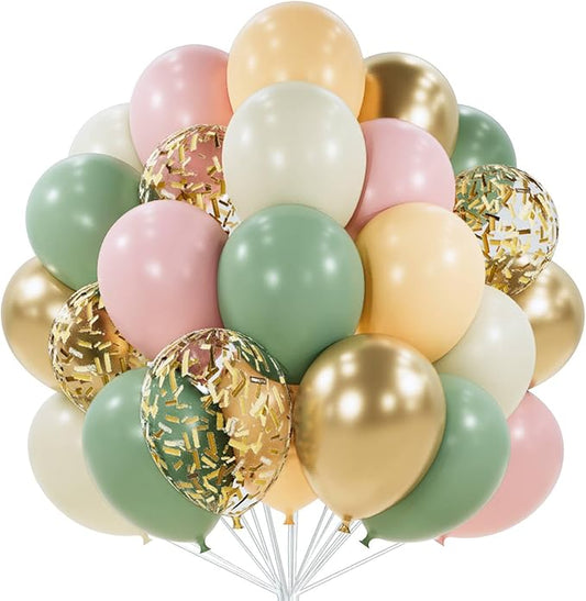 PartyWoo Pink and Green Balloons 65pcs 12 Inch Metallic Gold Sand White Sage Green Nude Dusty Pink Gold Confetti Balloons for Baby Shower Wedding Engagement Princess Birthday Party Decorations