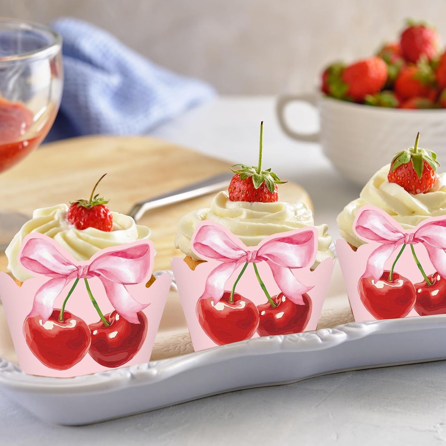 36Pcs Pink Bow Cherry Cupcake Wrappers Pink Red Bowknot Cherry Cupcake Liners Sweet Decorative Dessert Holders for Birthday Baby Shower