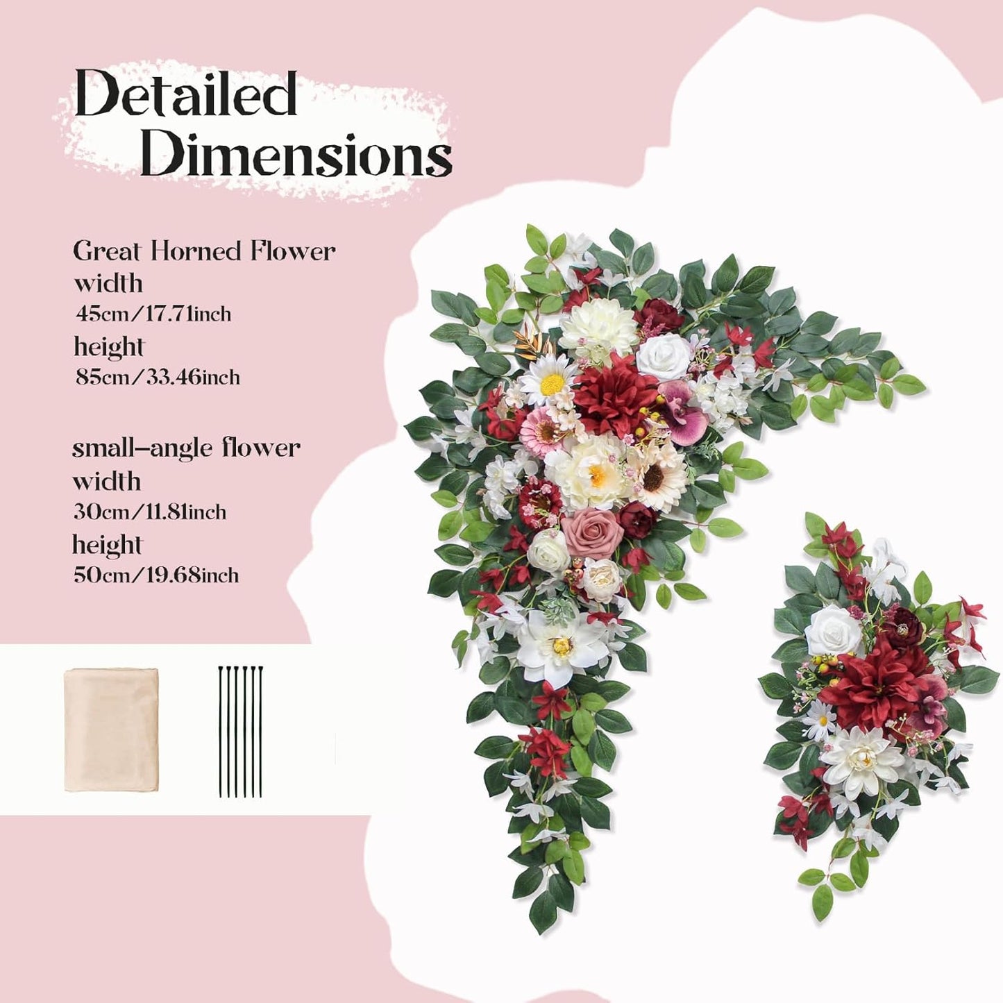 Wedding Arch Flowers Kit,Artificial Flower Arch Decor (Set of 3),2pcs Artificial Flower Arrangement with 1pc Sheer Drape for Wedding Decor Reception Backdrop Floral Decorations (Wine Red)