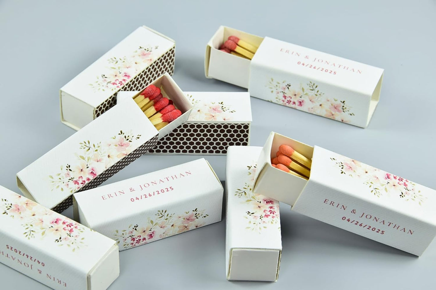 10 Boxes - Customized Matchboxes Colorful Tips (Wedding Design #5, 4" Matchboxes) (2" Matchsticks, Wedding Design #1)