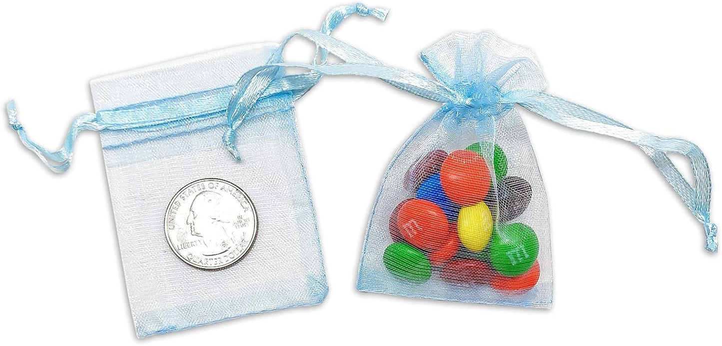 TheDisplayGuys 100-Pack XS 2x2 3/4" Blue Sheer Organza Gift Bags with Drawstring, Jewelry Candy Treat Wedding Party Favors Mesh Pouch