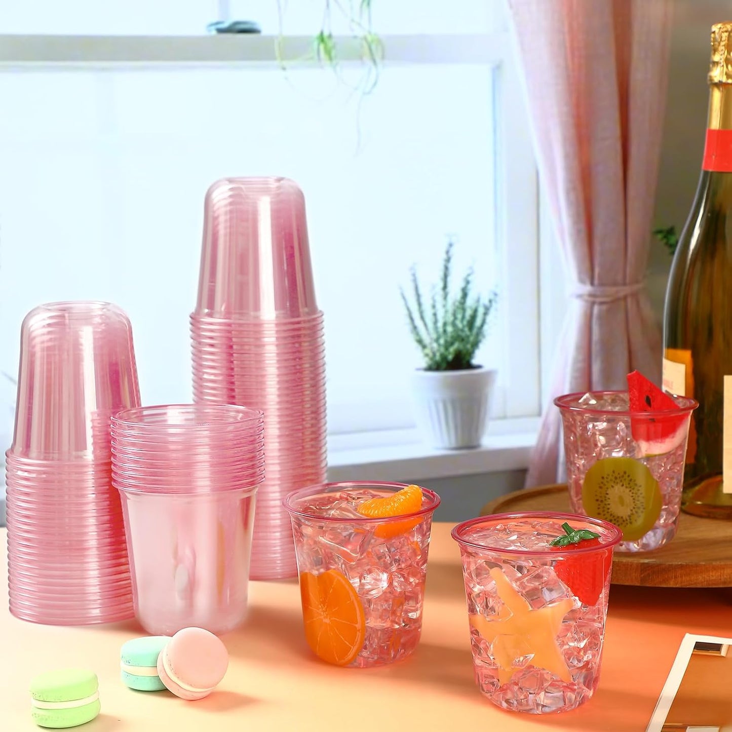 50 Pcs Disposable Stemless Glasses 12oz Crystal Plastic Wine Glasses Clear Classic Pet Cup for Meeting Weddings Birthdays Cocktail Christmas Party Supplies (Pink)