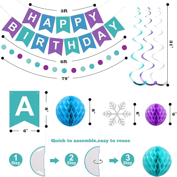 meowtastic Frozen Birthday Party Decorations - Happy Birthday Banner with Honeycomb Balls, Snowflake Hanging Swirls Streamers, Circle Dots Garland Decorations - Party Decorations for Boys Girls