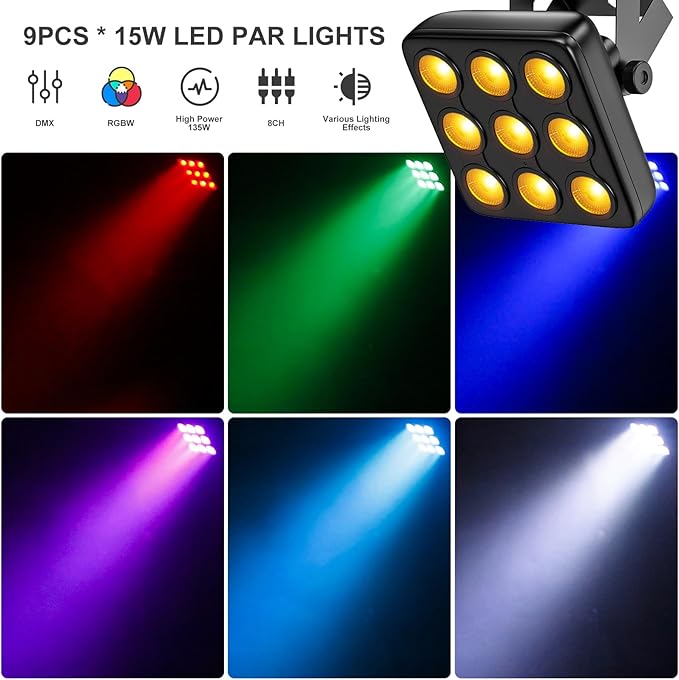 90W Square LED Stage Lights, Corded RGBW 4 in 1 Par Lights, LED Par Can by DMX & Sound Activated Control, Uplights for DJ Show Party KTV Festival Birthday, 8 Pack