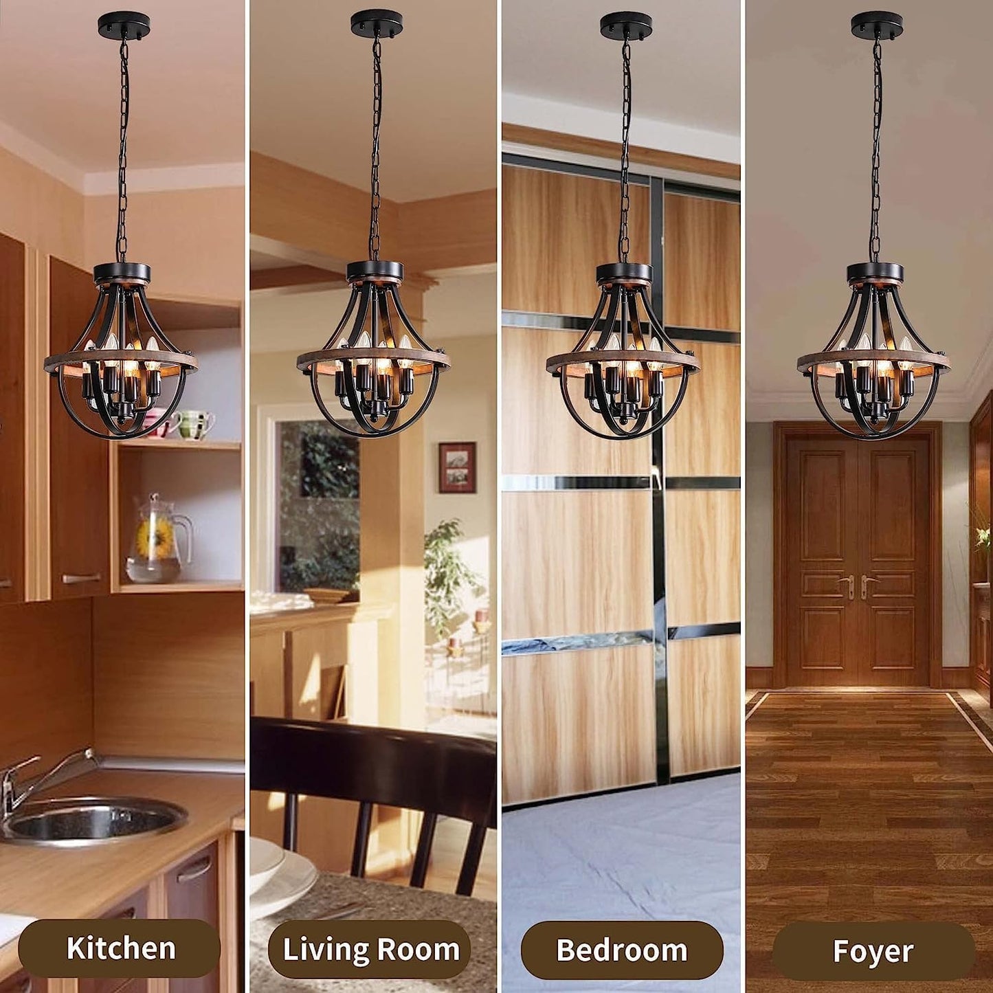 Farmhouse Chandelier, Modern Hanging Pendant Lighting, 4-Light Rustic Ceiling Light Fixture, Vintage Chandelier for Hallway Foyer Dining Room Entryway Kitchen Island Bedroom
