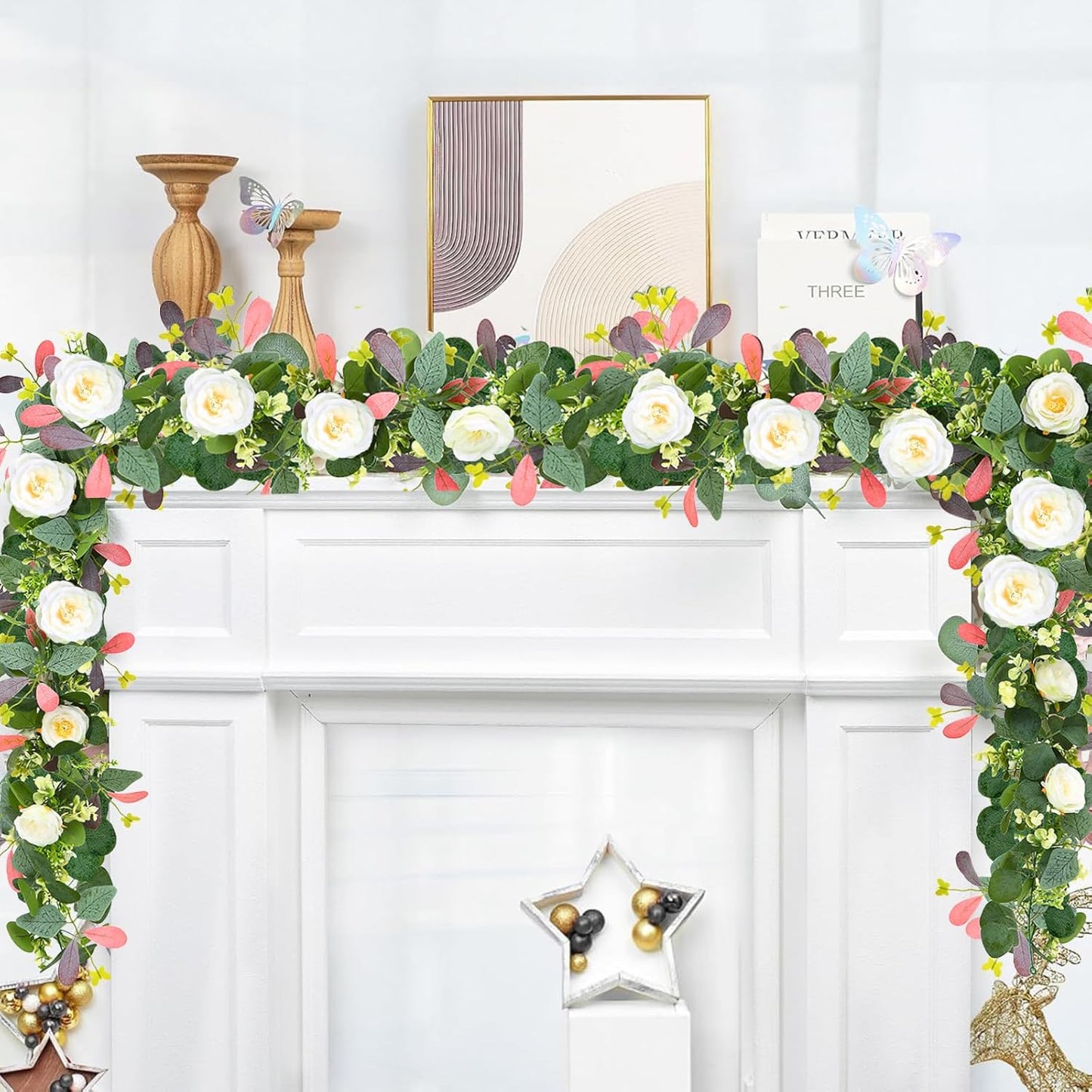 ASTRYAS 2Pcs 6.23Ft Artificial Eucalyptus Garlands with Flowers, Faux Floral Greenery Garlands Fake Flowers Vines for Wedding Table Centerpieces Arch Party Ceremony Backdrop Decor (Pink Leaves)