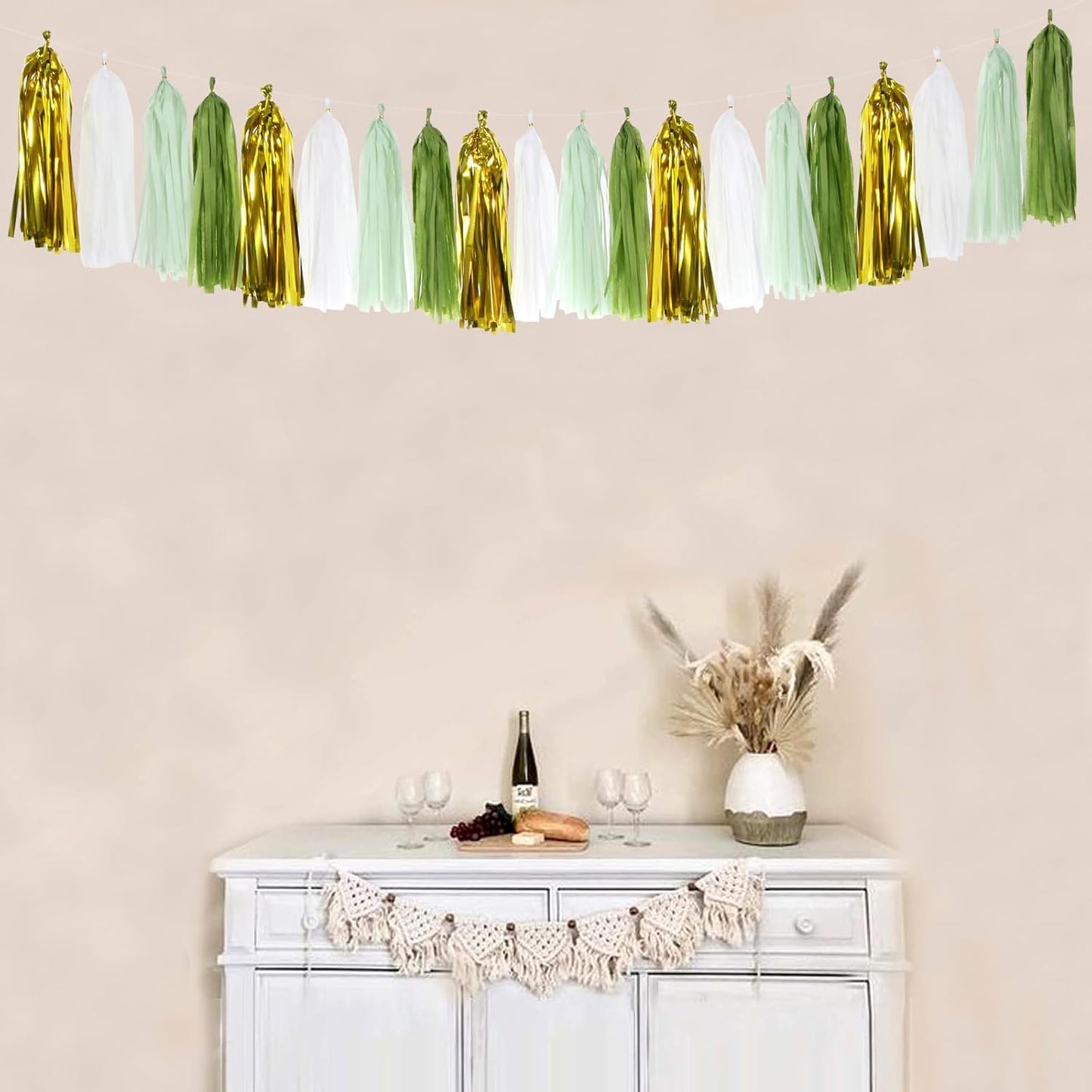 Sage-Olive Green Gold Party-Decorations Tassel-Garland - 20pcs Rustic Wedding Baby Shower Tassels Banner Streamers, Birthday Bachelorette Engagement Bridal Decor Panduola