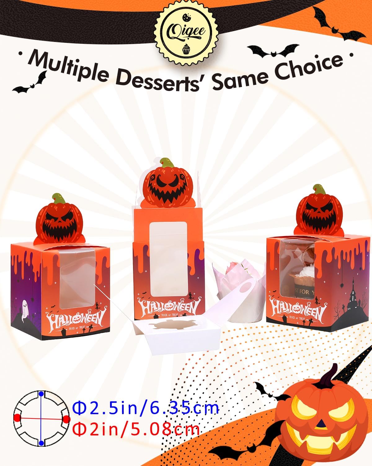 qiqee Halloween Individual Cupcake Boxes Cupcake Holders Disposable 60pcs Single Cupcake Boxes with Window 3.7" 3.7"*4.5" Cupcake Containers For Halloween