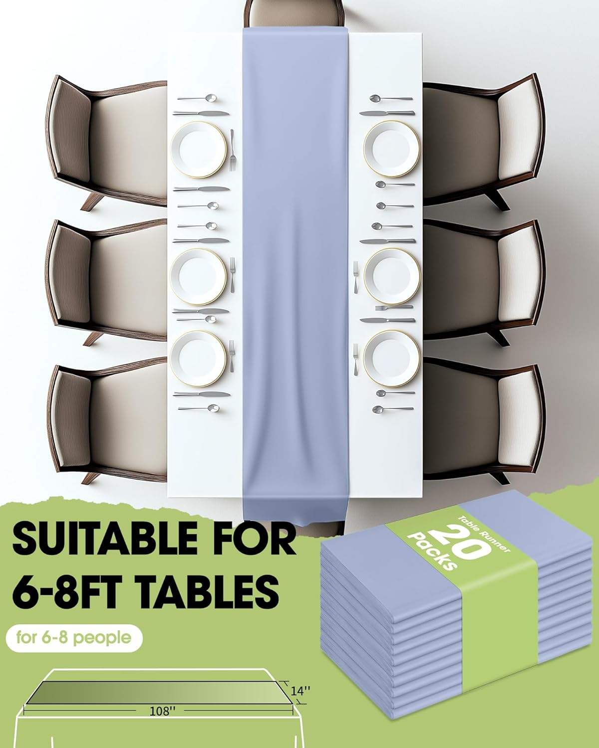 Pureegg Dusty Blue Plastic Table Runners - 20 Pack, 14'' x 108'', Water Resistant & Disposable Centerpiece Decorations for Table Cloth, Wedding, Birthday, Holiday, Baby Shower, Party, Home Decor