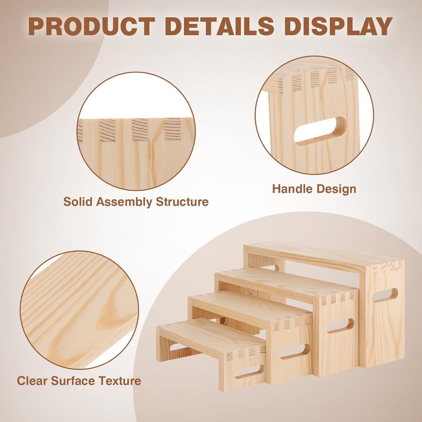 8 Pcs Wood Risers Display Stands, 2 Set Wooden Risers for Table Display, 4 Tier Rectangular Riser Display Stand Wooden for Cupcake, Desserts, Perfume, Collections, Jewelry Showcase (Nature)