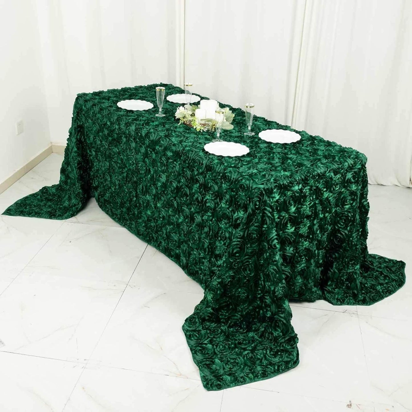 Efavormart 90"X132" Hunter Emerald Green Grandiose 3D Rosette Satin Rectangle Tablecloth for Wedding Party Event