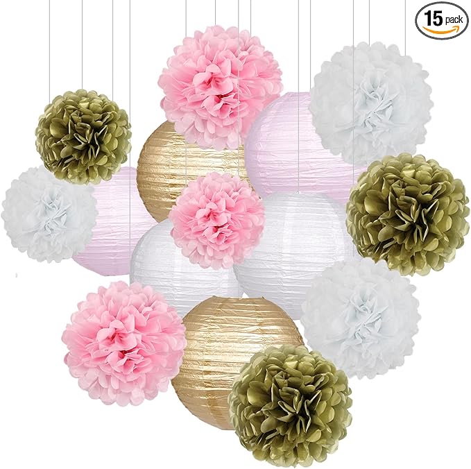 Pink and Gold Party Decorations, Pink Gold Paper Lanterns and Pom Poms Flowers for Birthday Baby Showers Engagement Tea Party Decor 15 Pieces