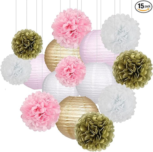 Pink and Gold Party Decorations, Pink Gold Paper Lanterns and Pom Poms Flowers for Birthday Baby Showers Engagement Tea Party Decor 15 Pieces