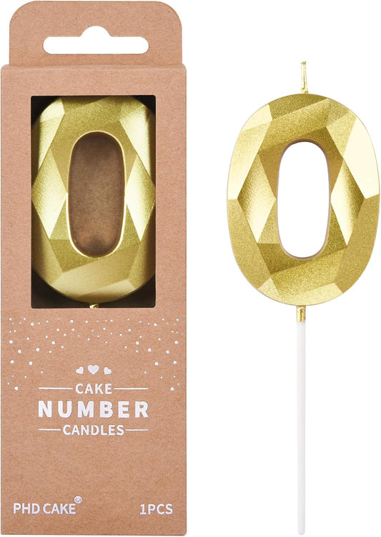 PHD CAKE 2.76 Inch Crystal Gold 0 Number Birthday Candles, Gold Number Candles, Cake Number Candles, Party Celebration