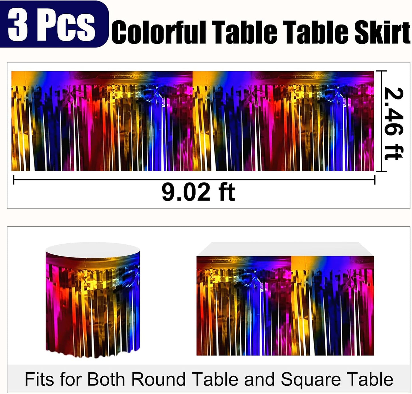 3 Pack 29 x108 Inch Rainbow Foil Fringe Table Skirts Metallic Banner for Tinsel Streamer Garland Backdrop for Parade Floats Wedding Thanksgiving Birthday Christmas Halloween New Year Party Decoration
