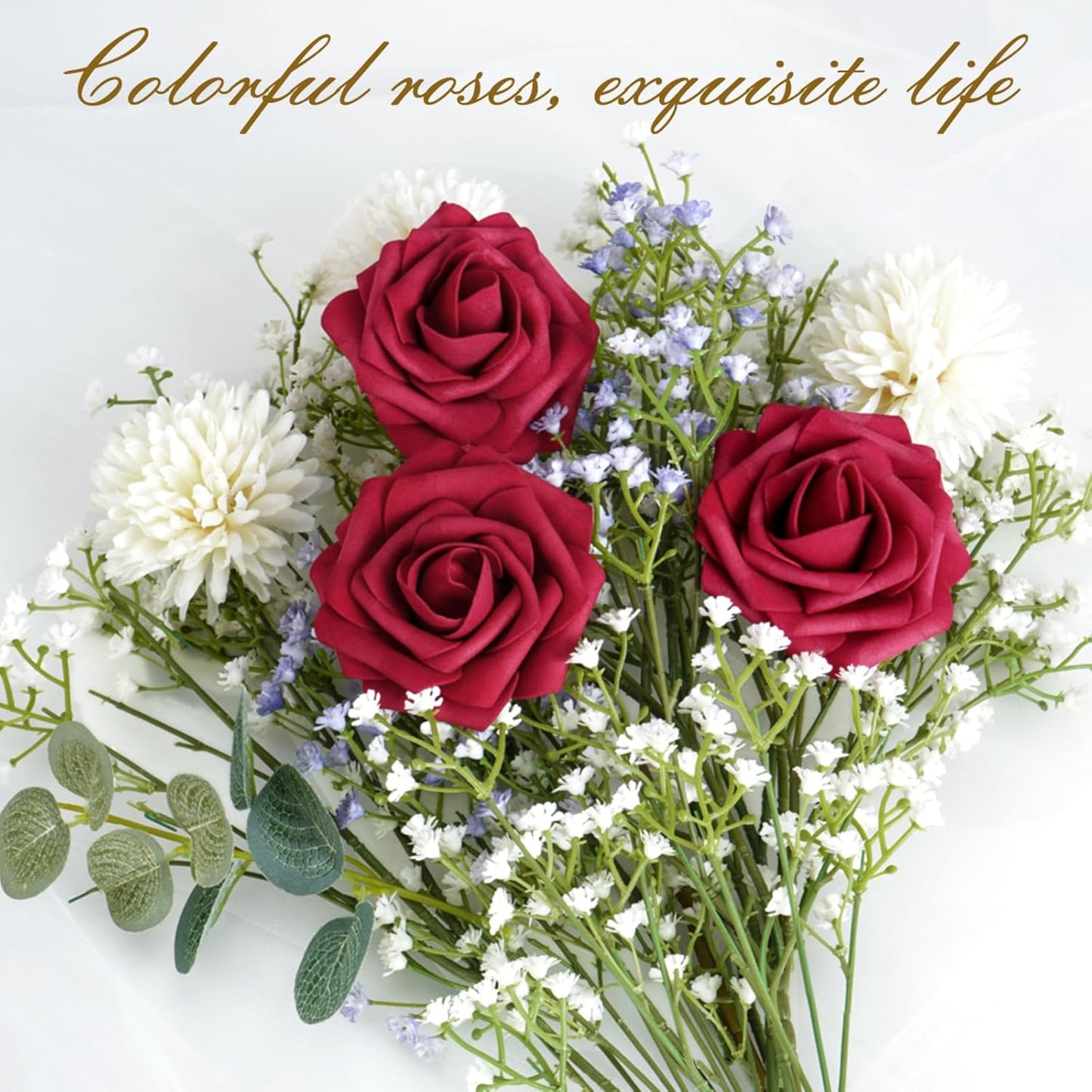 BLEUM CADE 36Pcs Artificial Flowers Fake Roses with Stems, Burgundy Boxed Foam Roses for DIY Bouquets Centerpieces Wedding Party Arrangement Bridal Shower Decor