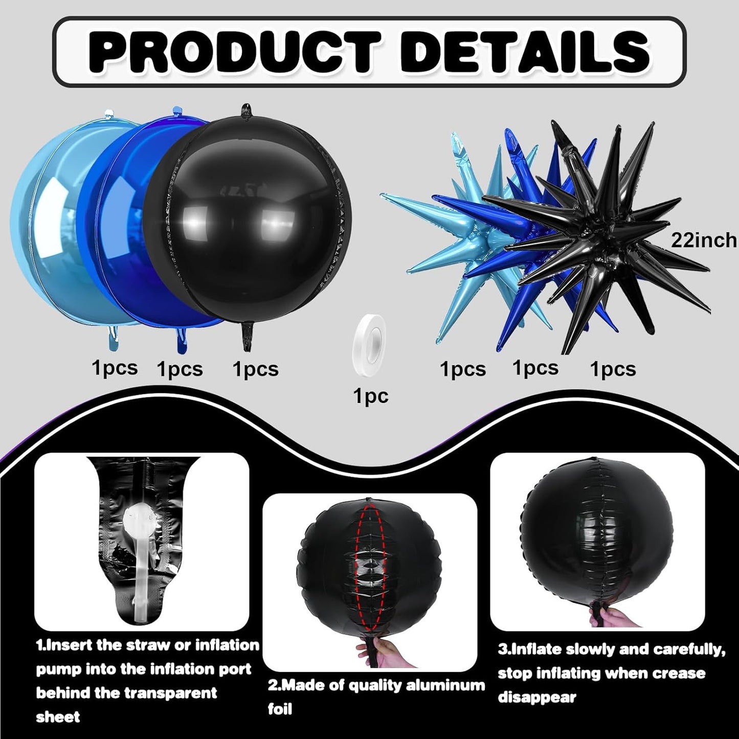 6Pcs Black Blue Foil Balloons,22Inch Navy Blue Black 4D Round Ball Balloon and Explosion Star Balloon for Birthday Wedding Baby Shower Anniversary Party Decorations