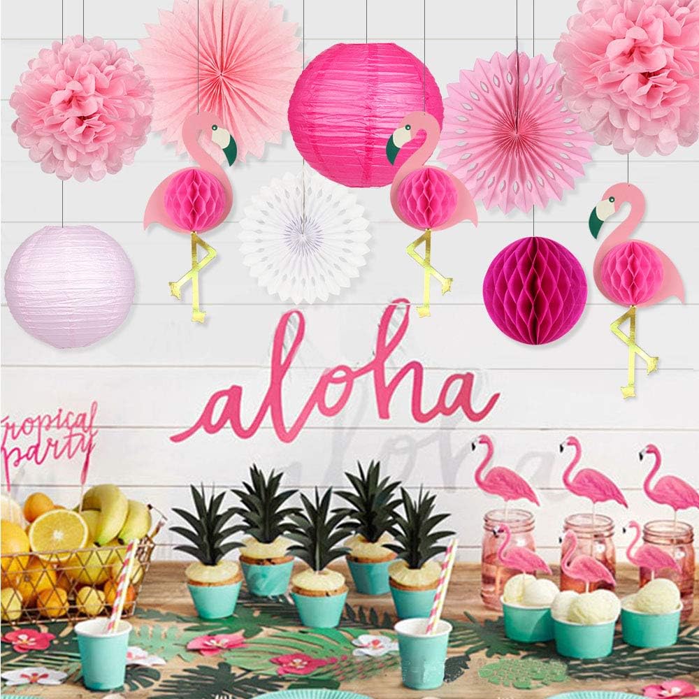 zilue Tropical Party Decorations Pink Flamingo Party Supplies Pom Poms Flowers Tissue Paper Fan Paper Lanterns for Hawaiian Summer Beach Luau Party