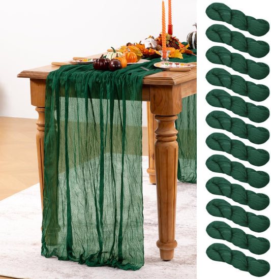 Emerald Green Cheesecloth Table Runner 12 Pack Fall Table Runners Boho Gauze 120 Inches Green Cheese Cloth Fall Table Decorations for Thanksgiving Wedding Bridal Baby Shower Tea Party