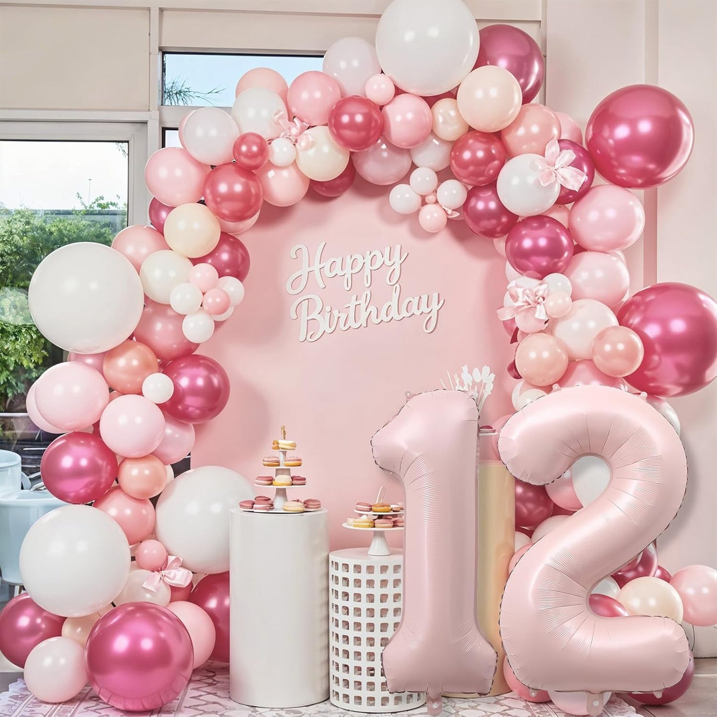 Pastel Pink 12 Balloons Number for Girls, 40'' Self Inflating Number 12 Balloon, Big Light Blush Pink Foil 1 & 2 Helium Balloon for Women Boho Coquette 21st 12th Birthday Party Anniversary Decorations