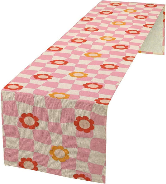 Vintage Floral Table Runner,60s Retro Color Funky Hippie Print Table Cloth Kitchen Dining Table Home Party Decoration 13x60 Inch