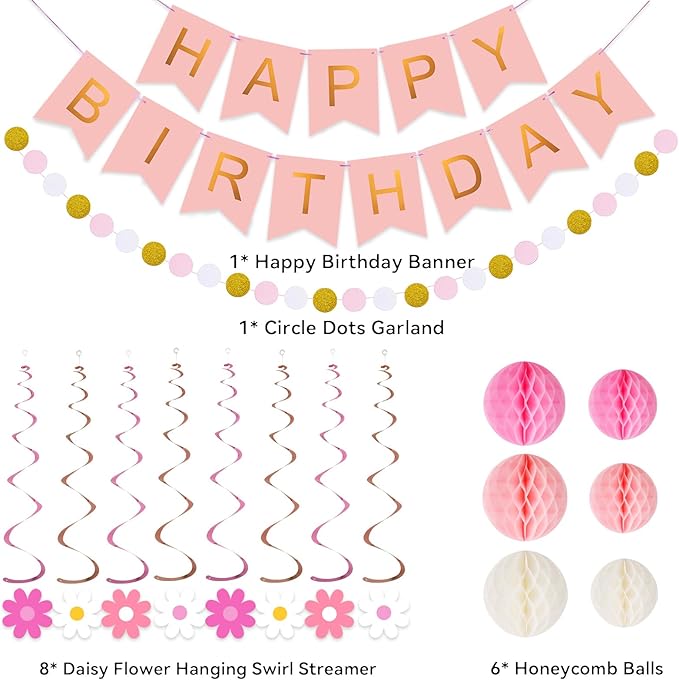 Meowtastic Pink Birthday Decorations - Happy Banner with Honeycomb Ball, Daisy Flower Hanging Swirl Streamer, Circle Dot Garland - Party Decoration for Women Girls