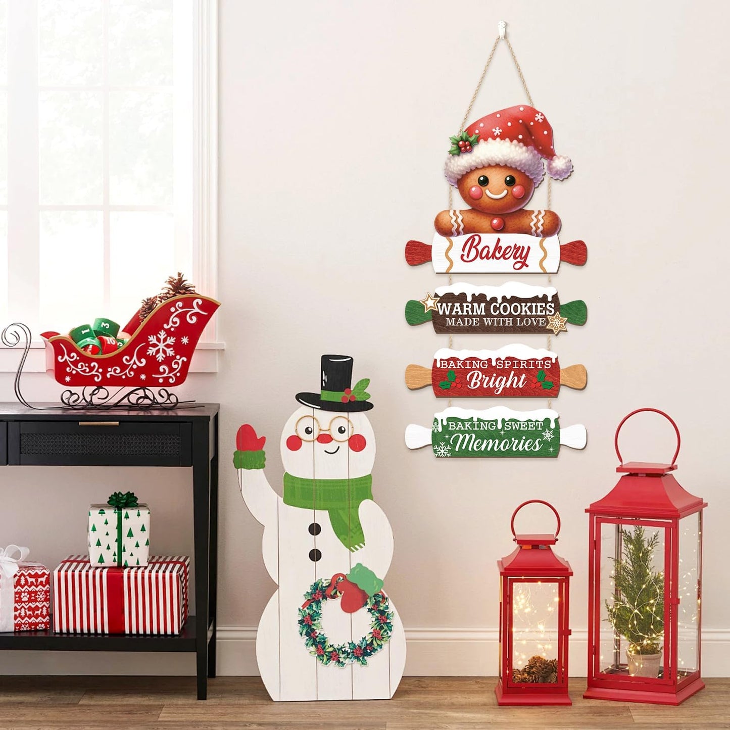 CHDITB Wooden Gingerbread Bakery Christmas Door Hanger, Rustic Christmas Wall Hanging Sign with Cookies Rolling Pin Warm Saying, Farmhouse Xmas Winter Holiday Decor for Indoor Outdoor