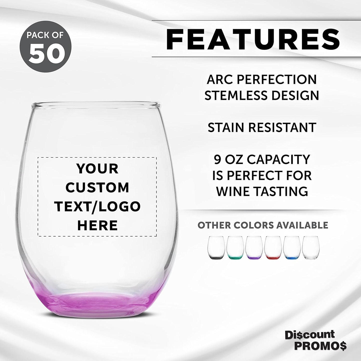Custom Stemless Wine Glass 9 oz. Set of 50, Personalized Bulk Pack - Great for Wedding Favors, Bachelorette Party Decorations, Party Favors, Color Bottom - Pink