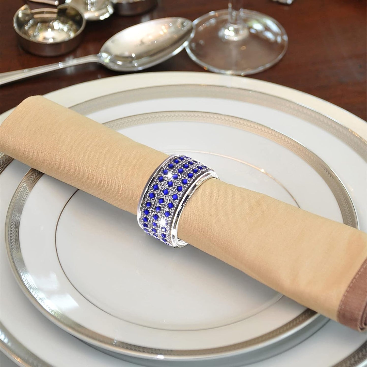 Rhinestone Napkin Ring Silver Diamond Napkin Rings Stainless Steel Blue Crystal Napkin Holder Set of 6 for Dinner,Wedding,Christmas Thanksgiving Holiday Party or Everyday Table Decoration
