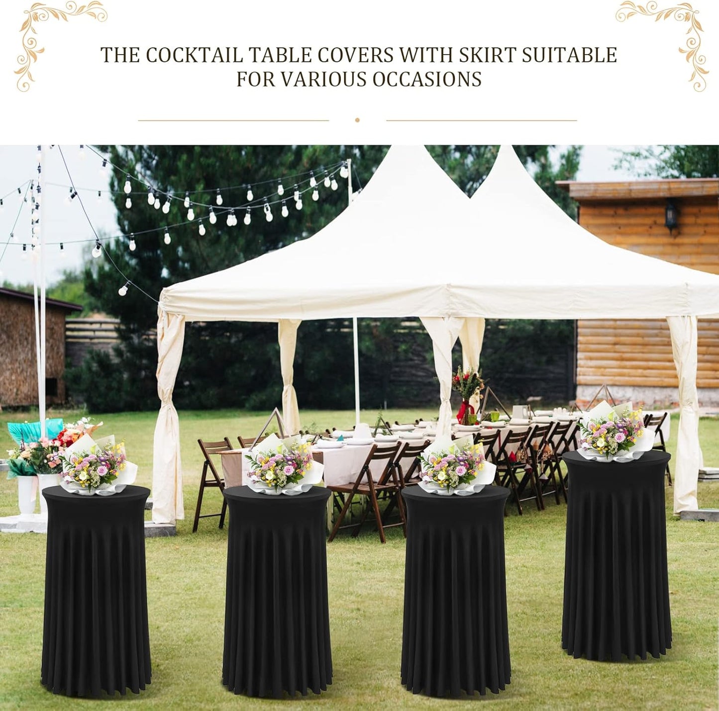 Cocktail Table Covers - 2 Pack 24"x 43" Black Cocktail Table Tablecloth with Natural Wavy Round Skirt for Bar Wedding Party Banquet