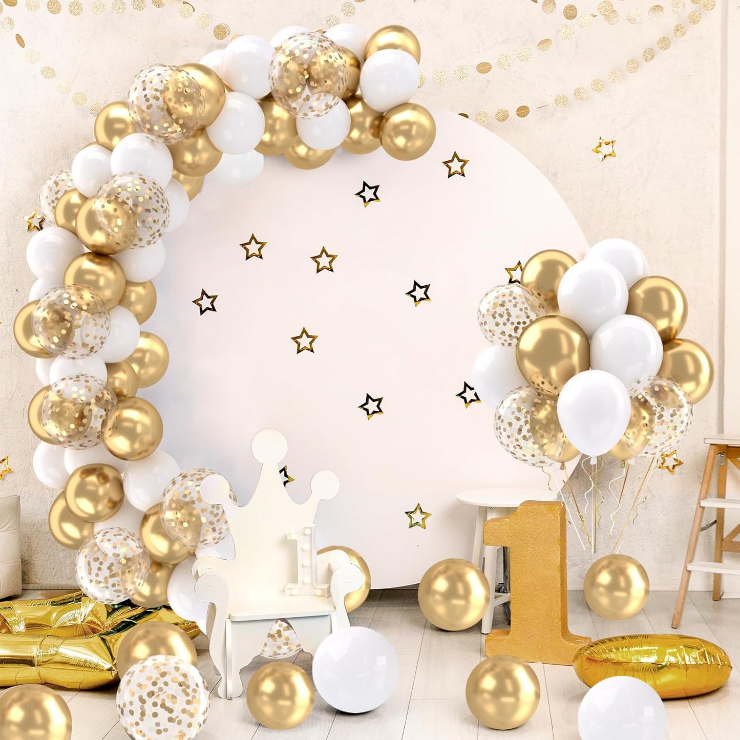 Patimate White and Gold Balloons Set, 50 pcs 12 inch Metallic Gold White Gold Confetti Latex Balloons Kit for Birthday Engagement Wedding Anniversary Party Decorations