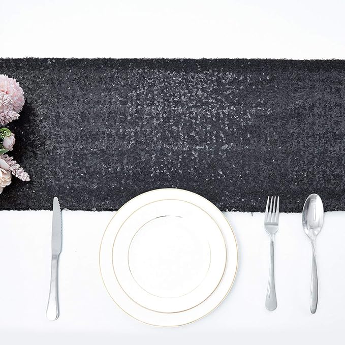 6 Packs 12 x 72 inches Black Sequin Table Runner, Glitter Runner for Birthday Party Supplies Decorations Wedding Bachelorette Holiday Celebration Bridal Shower Baby Shower