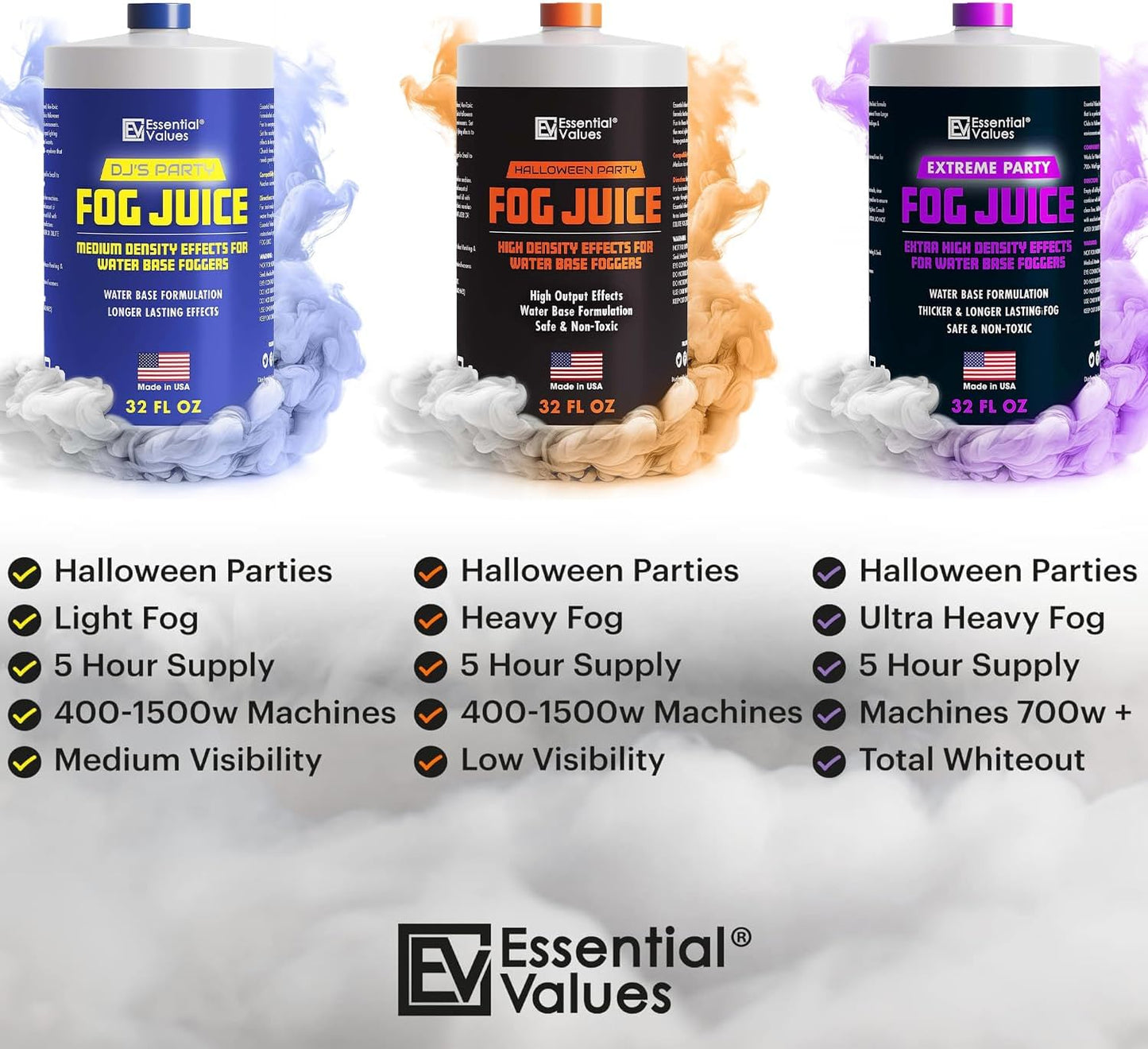 Essential Values Fog Machine Liquid - Long-Lasting Fog Juice for Smoke Machine Extreme High-Density, 32oz/Quart – Manufactured in USA – Water Based Foggers 700+ Watt Machines