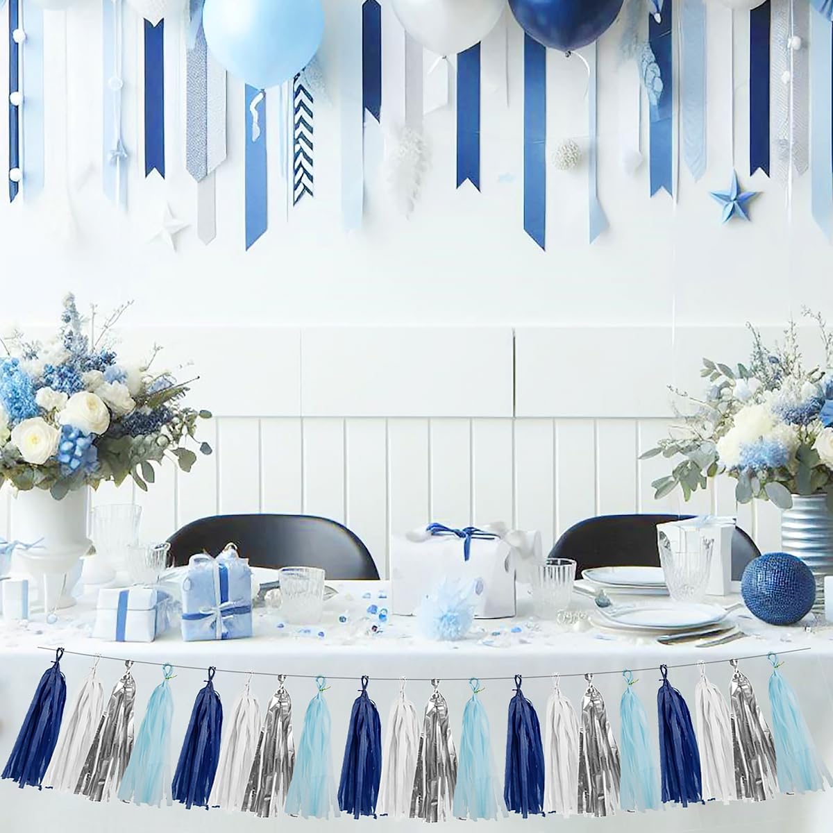 Teal Silver White Navy-Blue Party-Decorations – 15pcs Tissue Paper Tassel Garland Banner Birthday Decorations for Boy Men Christmas Baby Shower Winter Theme Hanging Decor HongTongTong