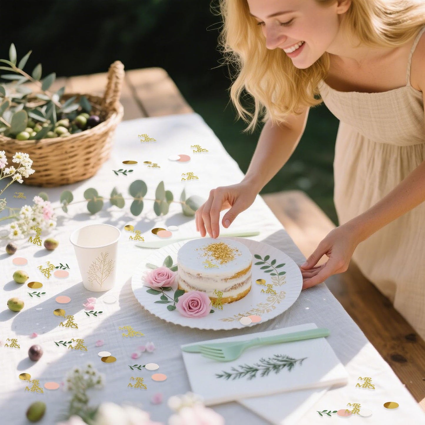 200 Pcs Rose Gold Bridal Shower Decorations, Wedding Table Confetti, Glitter Mr Mrs, Greenery Table Confetti, Engagement Party Scatters