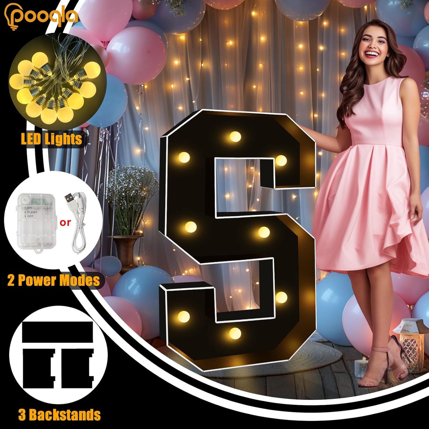 Pooqla 3FT Marquee Light Up Letters, Black LED Party Decor Large Marquee Letters 3 Feet Tall, Giant Mosaic Letter for Birthday Graduation Anniversary Wedding Decoration, Letter N