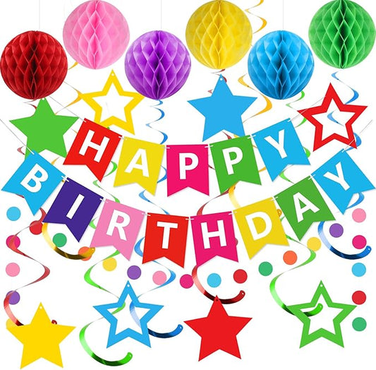 meowtastic Birthday Decorations, Happy Birthday Banner with Honeycomb Balls, Stars Hanging Swirls Streamers, Circle Dots Garland, Happy Birthday Party Decorations for Women Men Boys Girls (Rainbow)