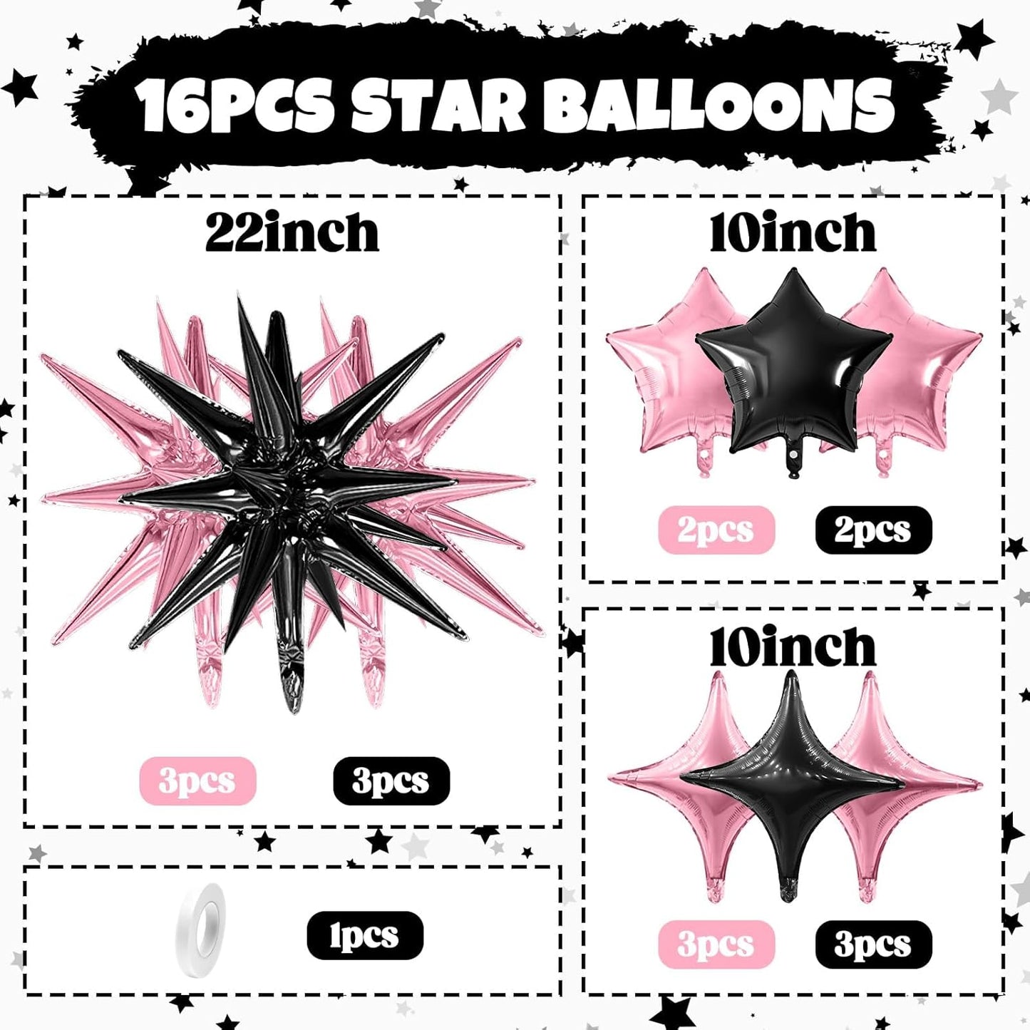 Pink Black Star Balloon,16Pcs Star Foil Balloons Set with 22Inch Explosion Spike Cone Balloons and 10Inch Quadrangle Helium Balloon for Birthday Wedding Baby Shower Party Decorations