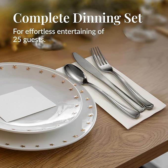 Prestee 25 Plastic Silverware Set, Pre-Rolled - 100pc Disposable Flatware with Forks, Knives, Spoons and White Napkins - Dinner Utensil Sets for Catering Supplies Buffet Display, Parties and Weddings