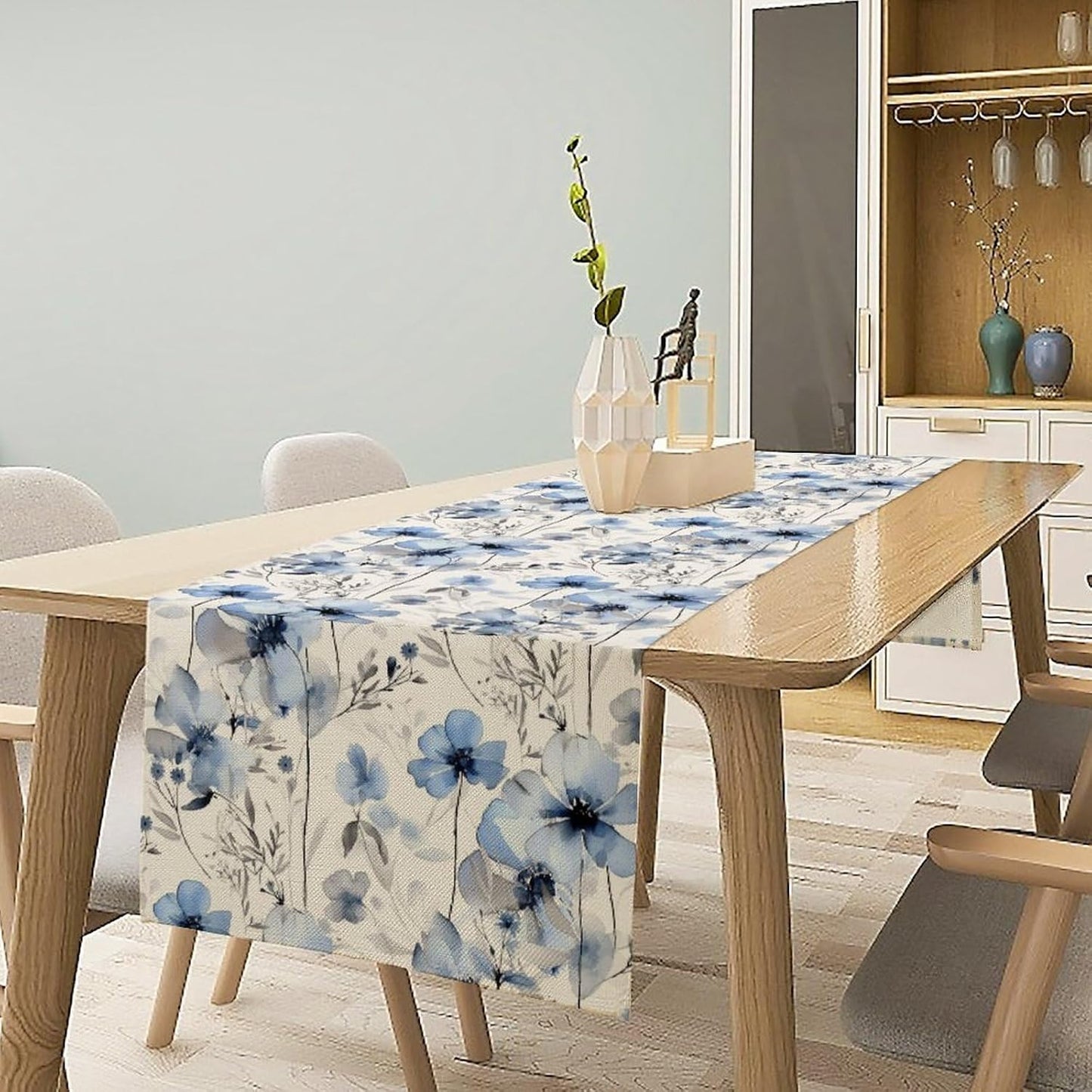 Watercolor Floral Table Runner, Blue Poppy Flower Seasonal Spring Summer Table Runner for Kitchen Dinning Table Runner Decor Home Wedding Party Holiday, 13x90 Inch