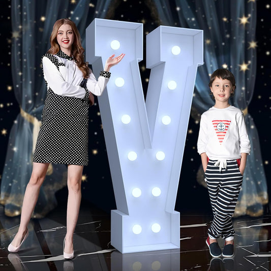 4FT Marquee Light Up Letters V – Cool White LED, Easy to Assemble Foam Board with Back Support, Large Marquee Light Up Letters for Birthday, Wedding, Party, Anniversary, Baby Shower Decor
