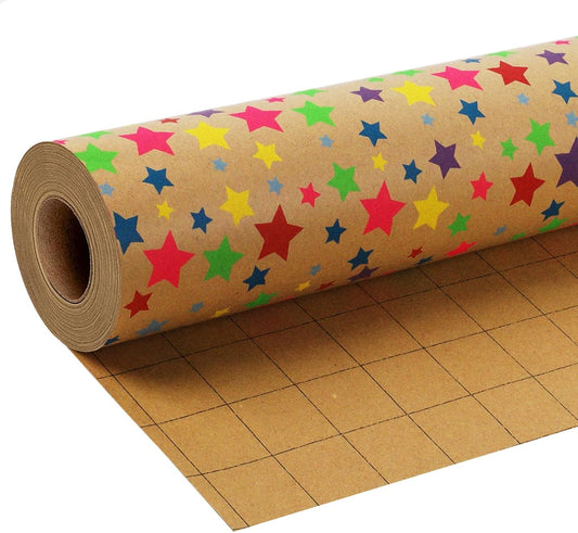 LaRibbons Birthday Wrapping Paper Roll for Kids, 30 Inch x 33 Feet (83 sq. ft. ttl.) Kraft Gift Wrap Paper with Colorful Star Pattern for Baby Shower Holiday Party